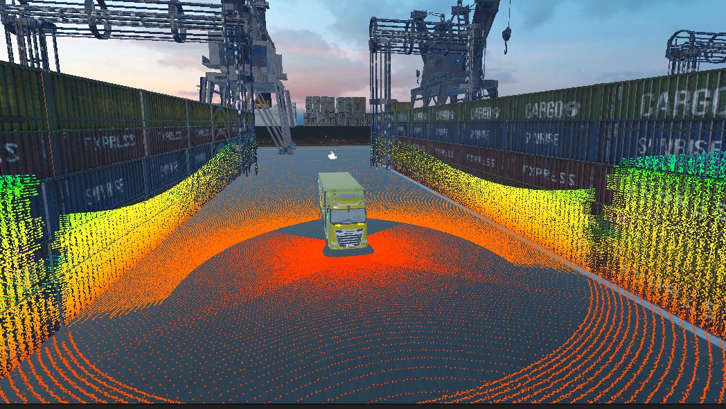 Simuliertes Containerterminal: ein Lkw mit seinem Lidar-Scan zwischen Containerstapeln