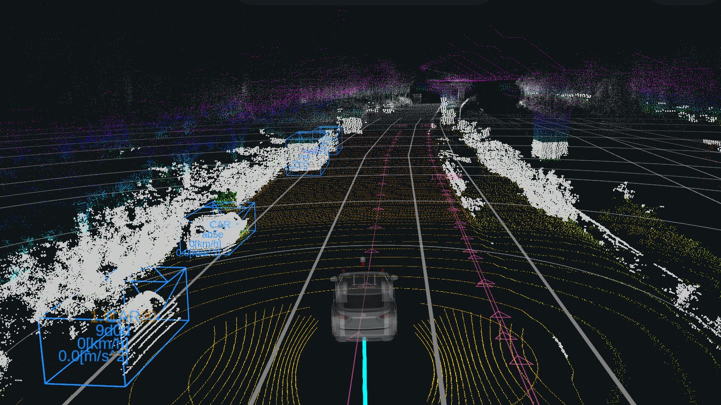 Autoware: in einer Lidar-Punktwolke erkannte Fahrzeuge mit ihren Begrenzungsrahmen