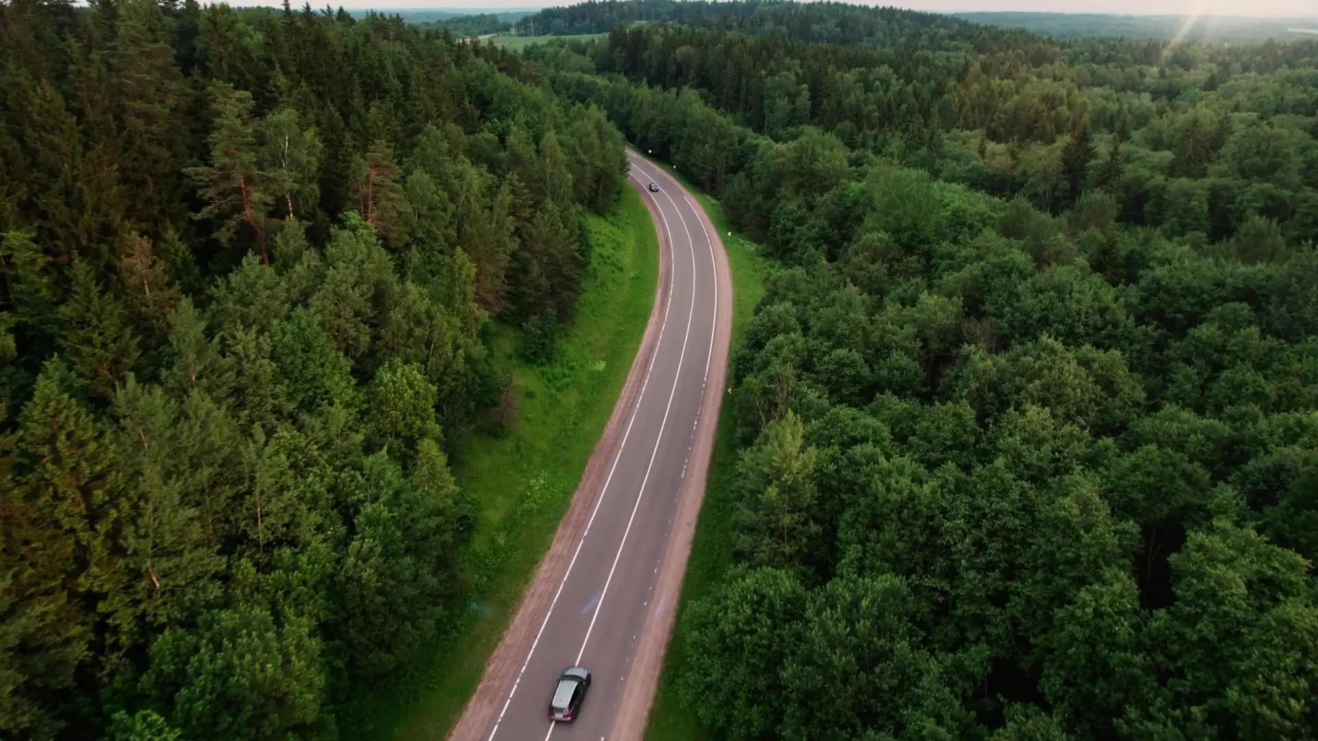 Aerial view of a forest road with vehicles tracked by vision AI