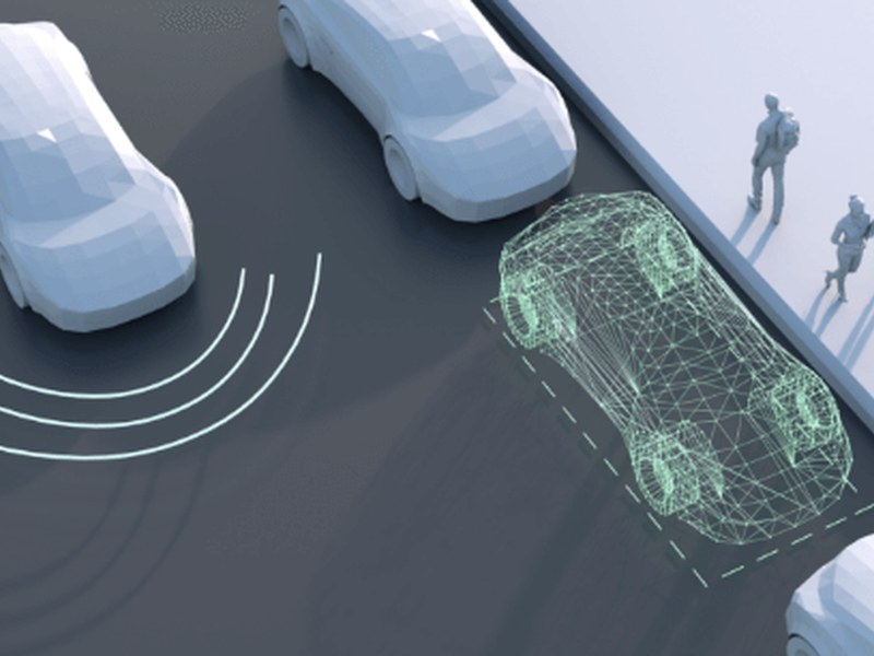 Car with its sensing zones next to pedestrians